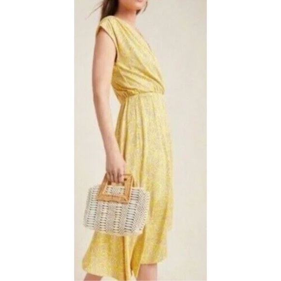 Anthropologie Maeve Fete Wrap Yellow Midi Dress Women's Size Medium - Picture 2 of 8